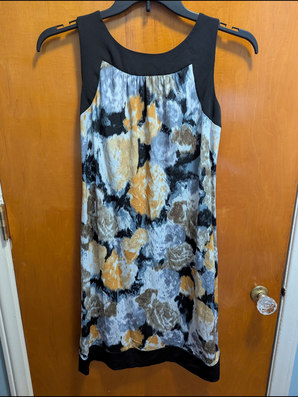 AB Studio Black Sleeveless Shift Dress with Abstract Floral Accents